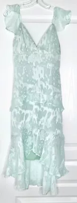 🤍 HUTCH Mint Green Burnout Jacquard Satin Chiffon Ruffle Tiered Midi Dress 0 XS • $149.25
