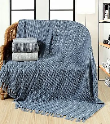 100% Cotton Chevron Throw Blanket For Sofa Bed Settee Large With Tassel 3 Sizes • £8.99