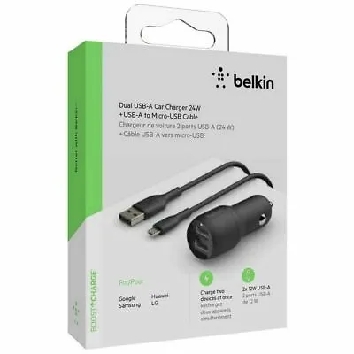 Genuine Belkin Dual 24W USB-A To Micro-USB Cable Car Charger - CCE002bt1MBK • $17.99