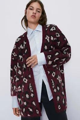 Zara Women's Maroon Red Leopard Wool Mohair Cardigan Sweater Size XS Small • $29.99