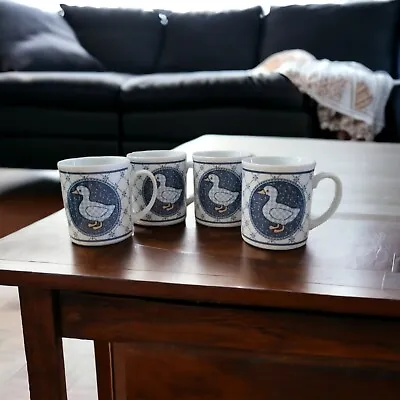 Vintage Geese Coffee Cups Blue Plaid Set Of 4 Japan • $16.85