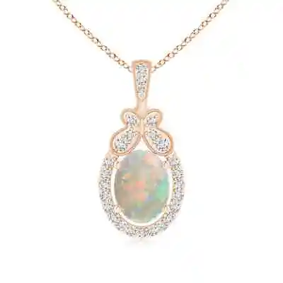 ANGARA Floating Opal And Diamond Halo Pendant With Butterfly Motif In 14K Gold • $1002.32