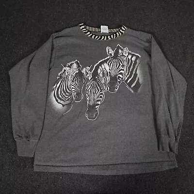 Vintage 90s Harleyquin Animal Zebra Graphic T Shirt Mens L Long Sleeve Gray • $15.99