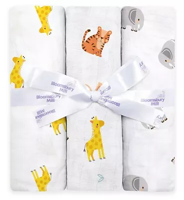 Bloomsbury Mill - Large Baby Muslin Pram Swaddles Jungle Animals Print - 3 Pack • £18.99