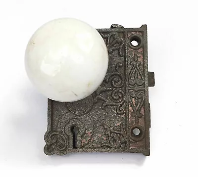 Antique 1880s Ornate Cast Iron Rim Lock Plate White Porcelain Door Knob Hardware • $42.99