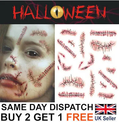 Halloween Stitch Zombie Scars  Temporary Tattoos Party Wound Face Make Up Kit • £2.69