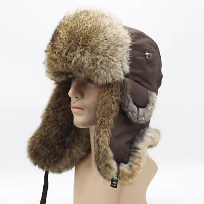 Real Rabbit Fur Ushanka Trapper Hat Earflap Ski Cap Russian Hunter Winter Warm • £25.14