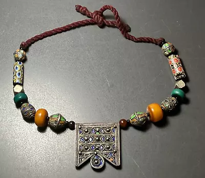 Vintage Berber Tribal Bead Amber Enamel & Silver 25  Necklace W/Power Pendant! • $35