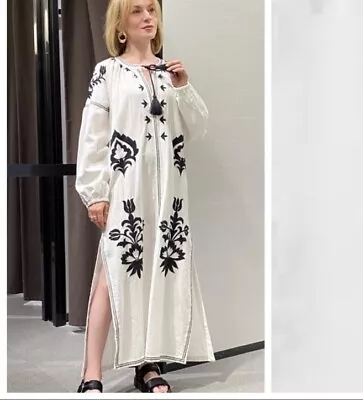 Zara Cream And Black Kaftan Embroidered Maxi Length Cotton Long Sleeve Dress XL • $49.88