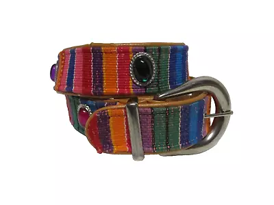 Vintage 90s Southwestern Colorful Woven Fabric Belt Sz M Jeweled Silver Concho • $14.99