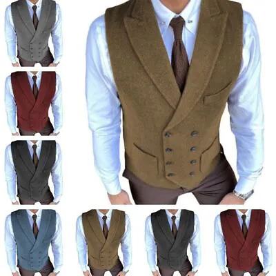 Mens Tweed Double-Breasted Waistcoat Retro Herringbone Wool Blend Vest 42 44 46 • $29.83