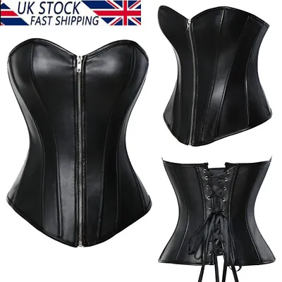 Steampunk Gothic Women Faux Leather Overbust Corset Top Zipper Lace Up Bustier • £21.79