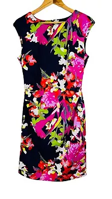 Vince Camuto Floral Navy Sheath Dress Ruched Scuba Fabric SZ 12 Formal Stretch • $29.99