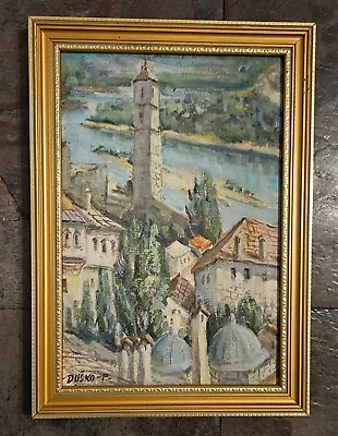 Vintage Signed Framed Oil On Board Painting - Street Scene With Church And Domes • £37.99