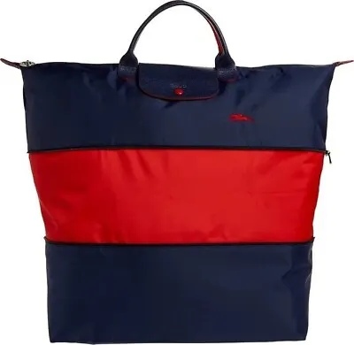 Longchamp Le Pliage Expandable Nylon Travel Bag Tote Bag Navy/ Vermilion Large • $159.99