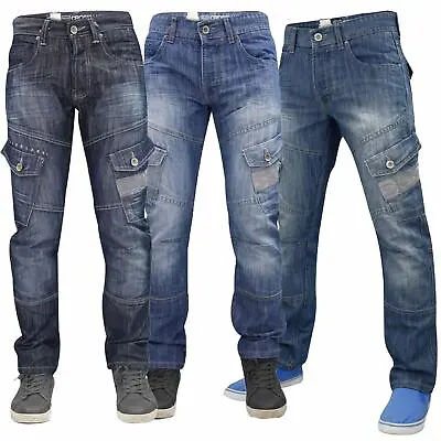 Mens Cargo Combat Jeans Crosshatch Regular Fit Denim Pants Trousers Sizes 30-46 • $37.32