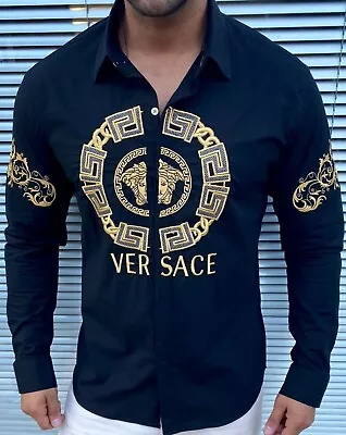Men's Versace T Shirt Button Down US Slim XL Size (EU 2XL) Black / Embroidered • $89