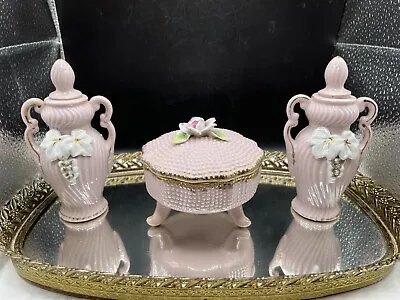 Vintage Pink Porcelain Vanity Set-2 Perfume Bottles1 Trinket Box From Japan • $26