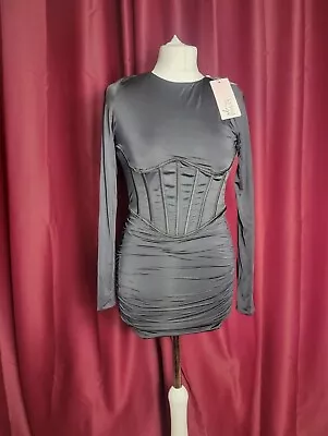 Oh Polly Black Corset Long-sleeved Bodycon Ruched Mini Dress Size 8 • £30