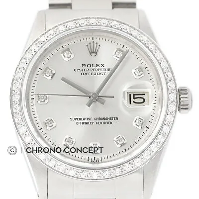 Mens Rolex Diamond Datejust 18K White Gold & Stainless Steel Silver Dial Watch • $5295