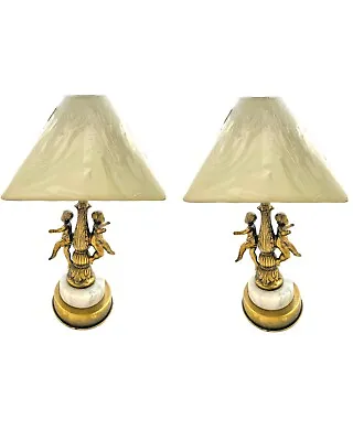 Lamp Cherub Design Metal On Marble Base Pair Vintage Lighting Decor • $365