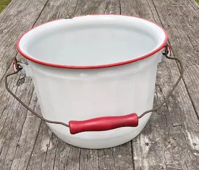 Vintage Enamel Red White Chamber Pot Slop Jar With Handle Farmhouse • $21.99