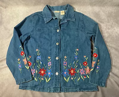 Vintage Denim Jean Embroidered Flowers Shirt Jacket Bobbie Brooks - Small • $10.60