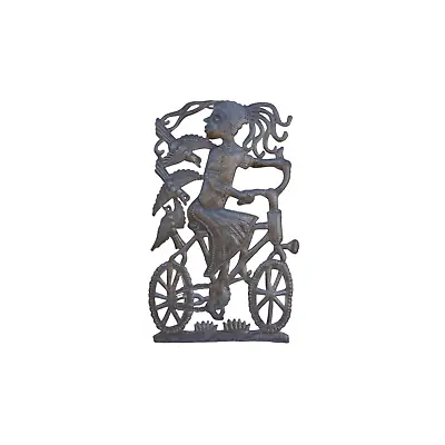 Handcrafted Haitian Metal Art Girl On Bicycle Getting Chased By Birds Eco • $39