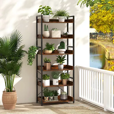 Bookshelf Open Display 6-Tier Shelves Storage Rack Metal Frame W/ 4 Hooks Rustic • $144.99