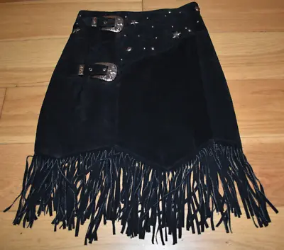 FIRENZE SANTA BARBARA BLACK SUEDE COWBOY COUNTRY SKIRT Size 8 Tassels Buckles • £30