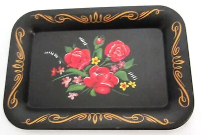 Vintage Toleware Black Metal Roses Flowers Painted Trinket Serving Tray • $5.50