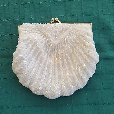 VTG Beaded Clutch White Ivory Gold Snap Wedding Scalloped Shell Missing Chain • $12.99