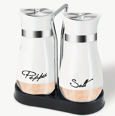 2pc Salt And Pepper Shakers Pots Dispensers Cruet Jars Set With Holder. WHITE • £10.99