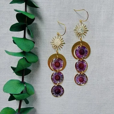 $3.67 • Buy Purple Daisies With Brushed Star And Crescent Moon Earrings, Wanderlust Jewelry