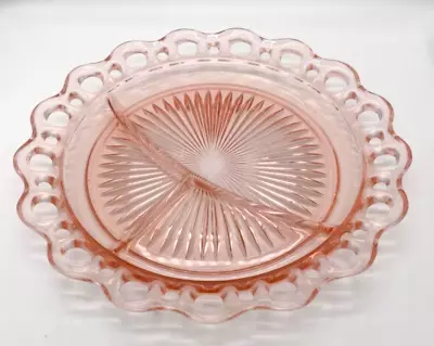 Anchor Hocking Glass OLD COLONY Pink GRILL Divided PLATE Open Lace Edge • $13