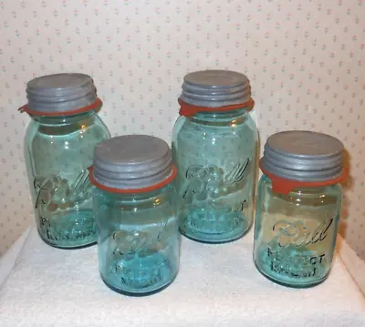 4 --- Vintage Aqua Blue Mason Jars 2 Small Pint 2 Quart With Rubber & Zinc Lids • $24