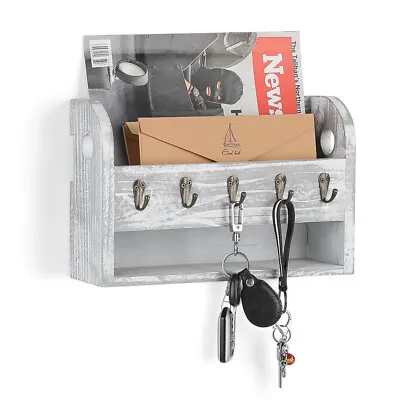 Wall Mounted Mail Holder Wooden Mail Sorter Organizer With 5 Key Coat Bag Hooks • $13.99
