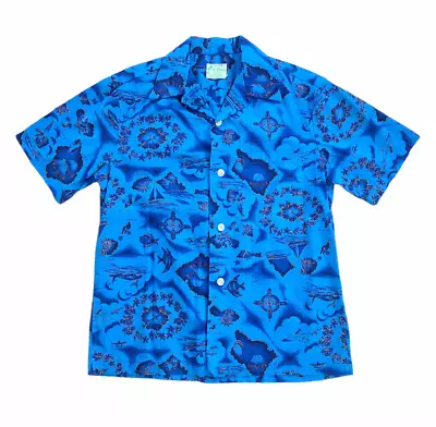 Vintage UI-MAIKAI Hawaii Shirt Blue Hawaiian Islands 1960s Men's Size Medium M • $26.21