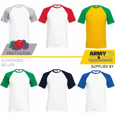 Men Short Sleeve Baseball T-Shirt Fruit Of The Loom Contrast Cotton Raglan Tee • £7.71