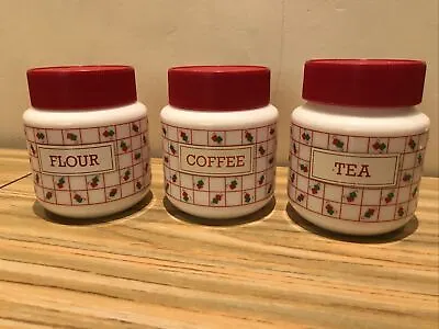 3x Vintage Milk Glass Tea Coffee Flour Canister Jars White Red 70/80s Kitchen • £16.99