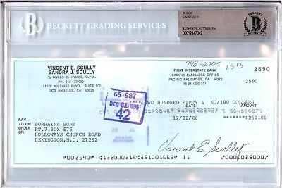 Vin Scully Signed Autographed Personal Check LA Dodgers #2590 1986 BGS Slabbed • $399.99