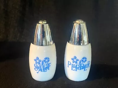 Vintage White Milk Glass Salt & Pepper Shakers Blue Flowers • $12