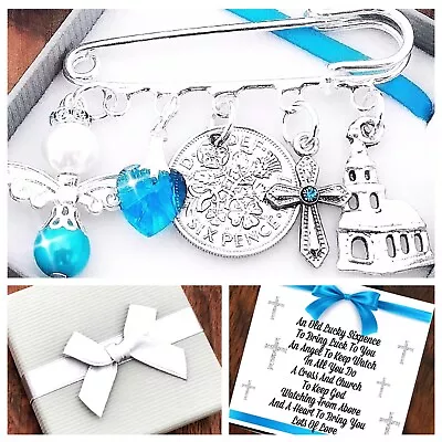 £4.95 • Buy LUCKY SIXPENCE CHRISTENING, BAPTISM BOY Kilt Pin Charm, Gift Box & Card