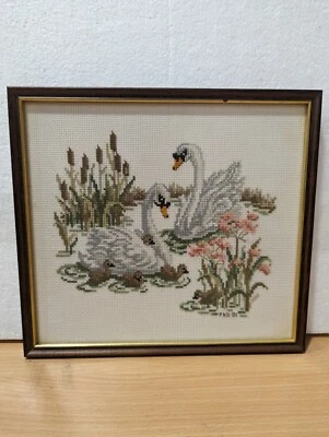Vintage Cross Stitched TWO SWANS Framed Finished Artwork Completed • £18