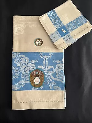 Vintage NWT Czech Linen Damask Tablecloth & 6 Napkins - White & Blue 62  X 82  • $55