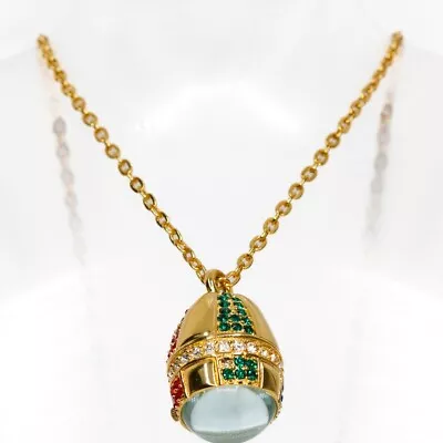 Vintage XANADU EGG Quartz Watch Gold Tone Necklace W/ Red White Green Crystals • $35.99