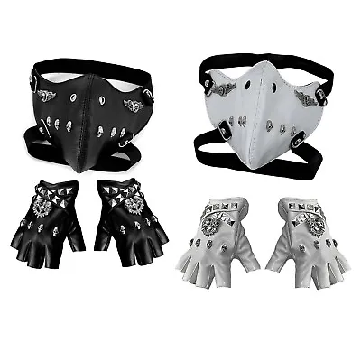 Rock Motorcycle Biker Gloves Skull Rivet Leather Mittens W/Steampunk Mask Women • $18
