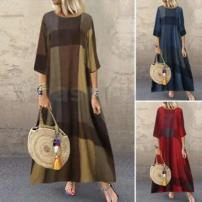 $29.25 • Buy ZANZEA Womens Check Vintage Short Sleeve Summer Beach Casual Kaftan Maxi Dress