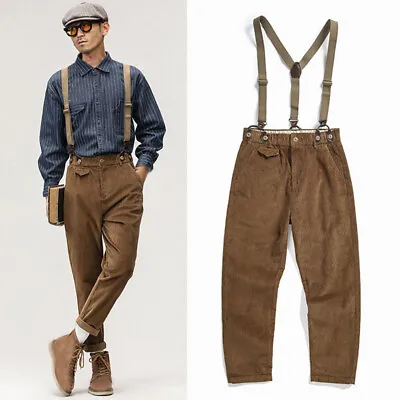 Mens British Style Corduroy Straight Pants Suspender Trousers Retro Work Pants- • $33.38