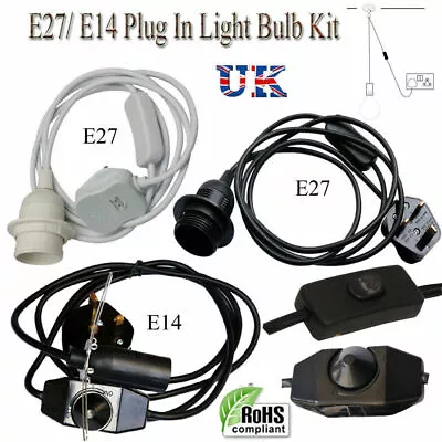 Plug In Pendant Light Fitting On/Off Switch E27 E14 Lamp Holder Rubber Cable UK • £7.19